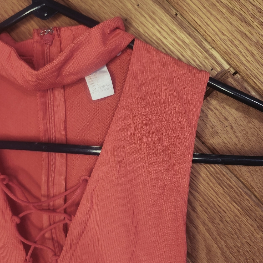 Forever 21 Light Red Orange Vertical Striped High Neck CrissCross Small Bodysuit - Picture 3 of 10
